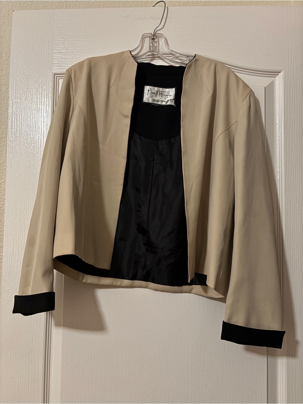 Vintage Mary McFadden Collection Cream & Black Open Front Blazer Jacket